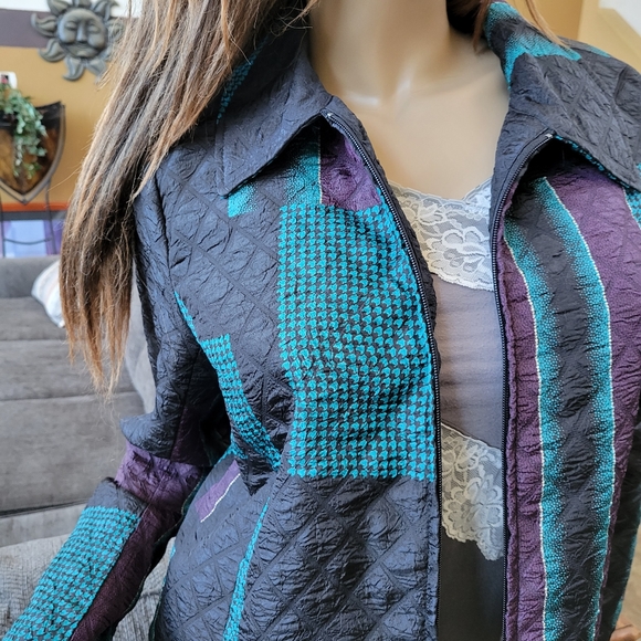 Erin London Jacket Quilted Patchwork Black Teal Plum L - Picture 2 of 10